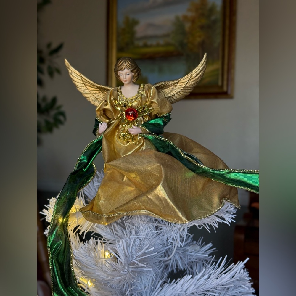 Vintage 1994 Porcelain Elegant Gold and Green Angel Tree Topper